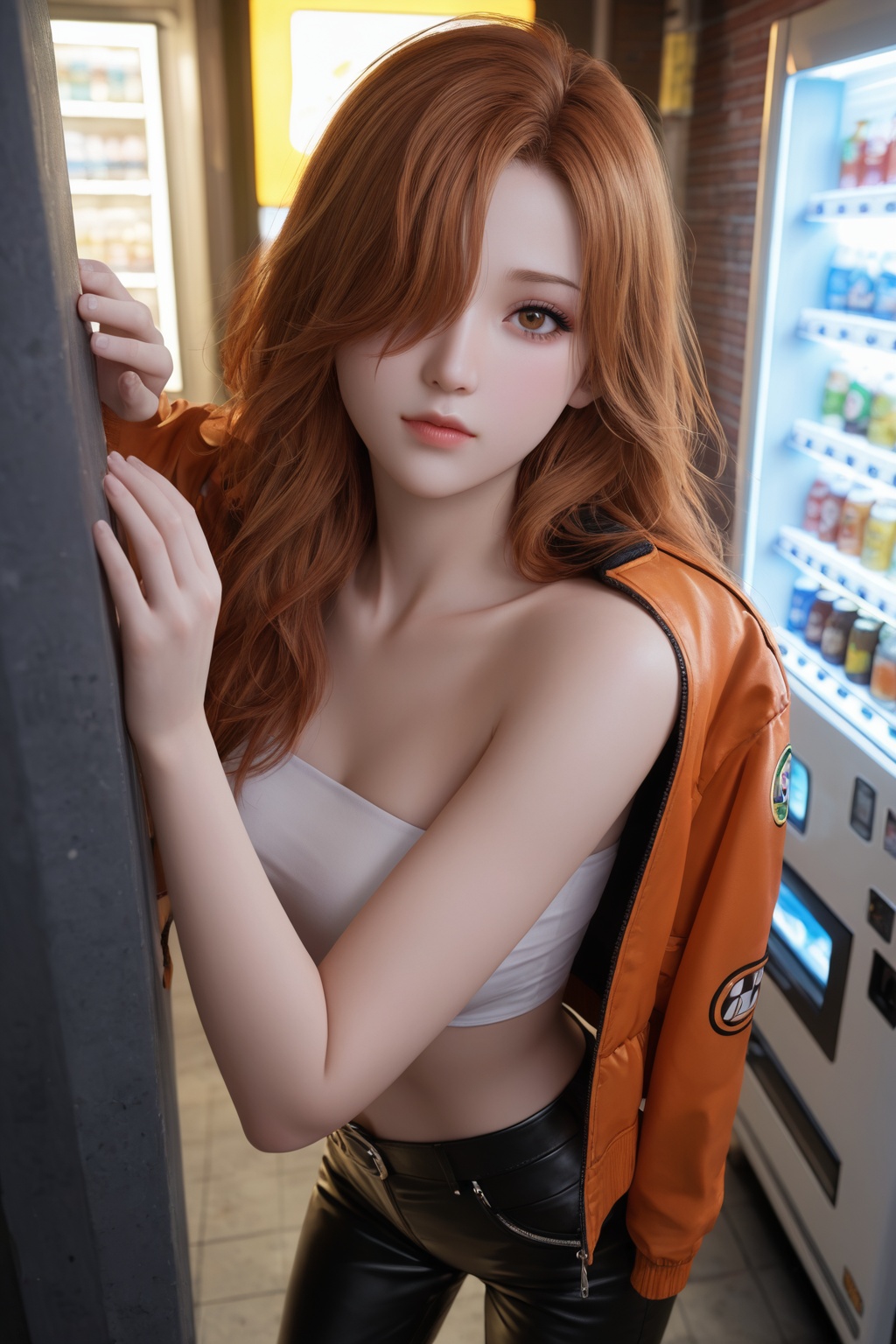 3D, CG, masterpiece, best quality, good quality, very aesthetic, absurdres, detailed lighting, cinematic lighting, HD Ultra,masterpiece,detailed_eyes,high_quality,best_quality,highres,subject_focus,depth_of_field,dynamic lighting,dynamic angle,detailed_eyes,1 girl,orange,brown_hair,ginger hair,messy_hair,hair over eye,long hair,brown_eye,e-girl_makeup,eyelashes,detailed_background,dramatic_angle,face_focus,eye_focus,model_pose_leaning_against_wall,leather pants,racing jacket,tube top,urban street,vending machine,dar_background,looking at viewer,close up,