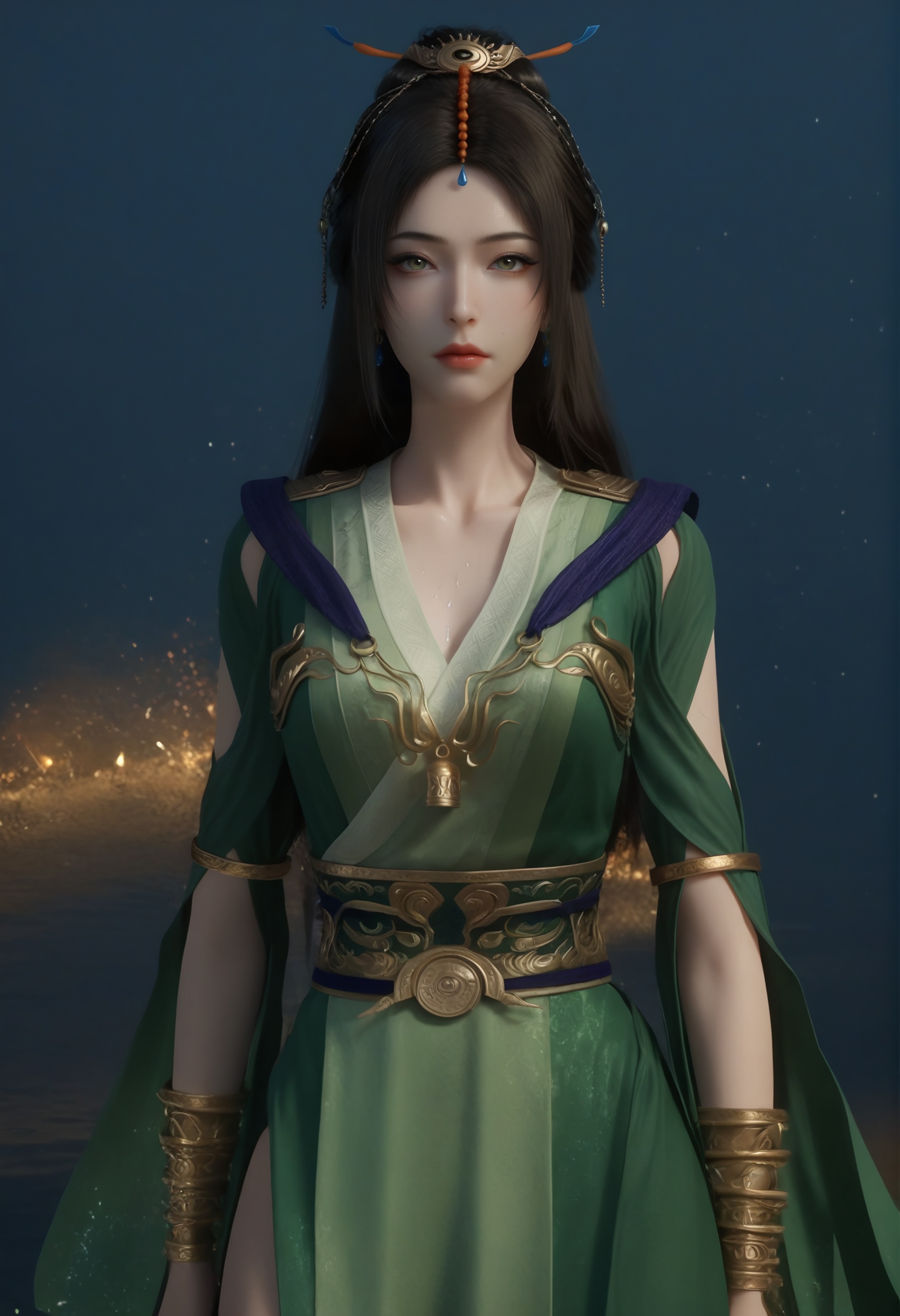 (score_9),<lora:柳玉-apony:0.85>,liuyu,1girl,solo,long hair,hair ornament,single hair bun,black hair,earrings,traditional dress,green_traditional dress,armlet,jewelry,waistband,chest bell,bracer,gold,mature_female,BREAK<lora:Expressive_H-000001:0.78>,light blush,Expressiveh,looking at viewer,front view,fair_skin,(pale skin),(sweaty_skin),BREAKsimple background,<lora:e色温:0.25>,sparkle,4K ultra HD,sharp focus,high detail,high contrast,