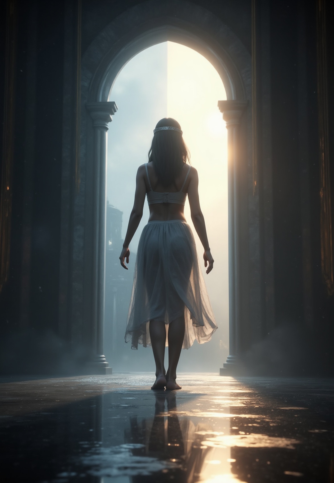 A young woman stands at the threshold of a magical mirror,  her body split between two worlds. One half of her remains in...