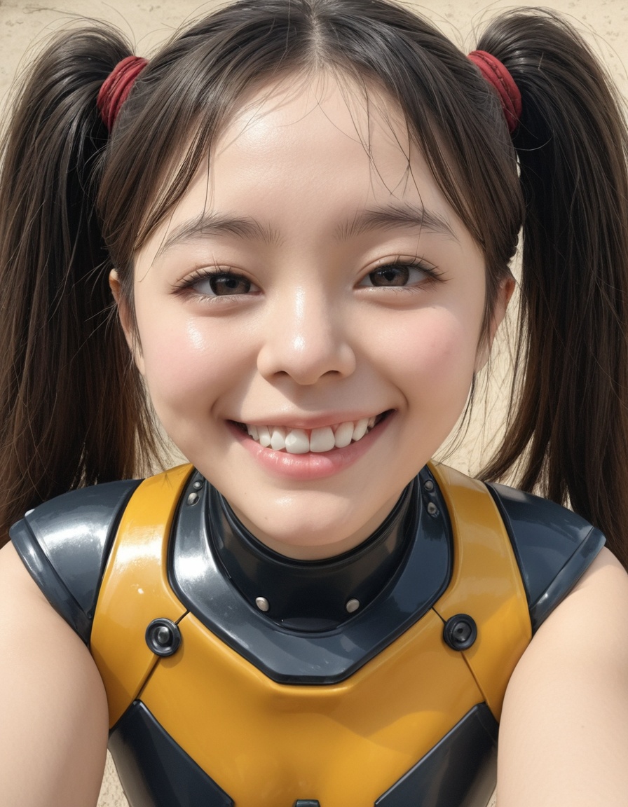 Masterpiece, Top quality, beautiful Korean woman, doll-like face, clean skin, neat honey-brown twintails, bright challenging grin, school jersey-style power suit, armored panels, active pose, giant high-tech warhammer, resting on shoulder, intensely saturated monochromatic citrine-yellow background, POV, high angle, face-focused close-up, looking up at viewer, massive warhammer head, visible behind her, framing face
