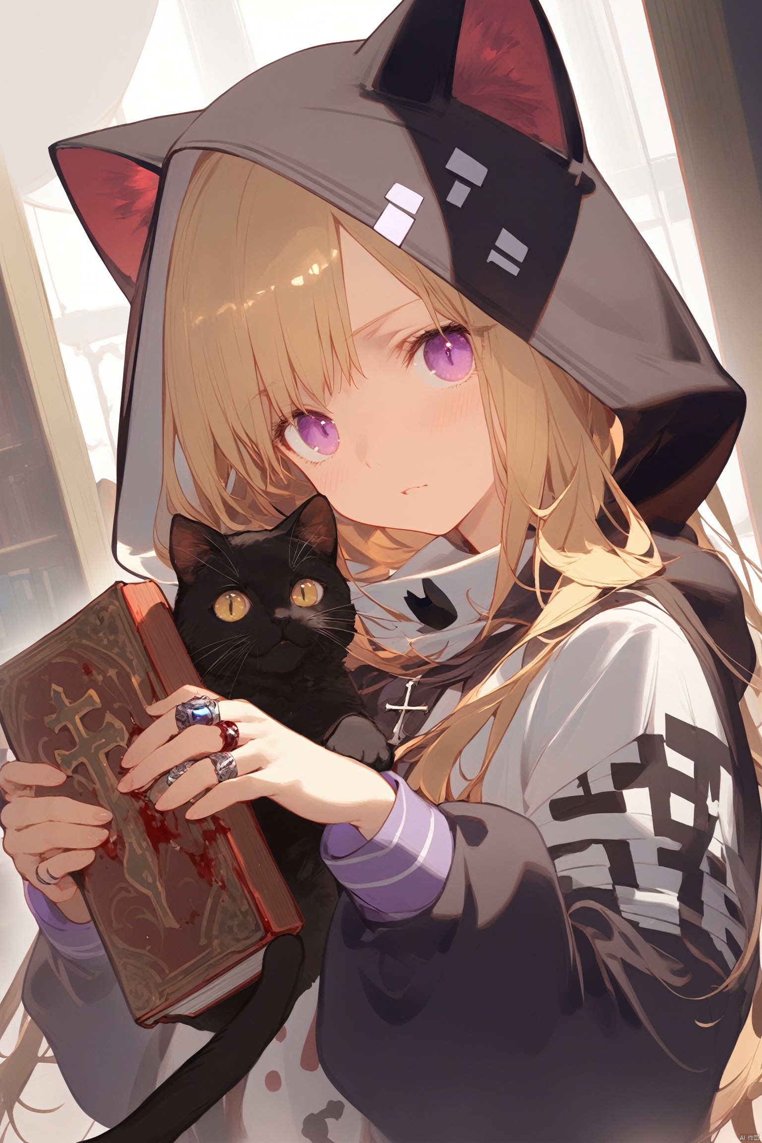 1girl,solo,long hair,looking at viewer,bangs,blonde hair,long sleeves,holding,animal ears,jewelry,purple eyes,upper body,cat ears,hood,book,blood,cat,ring,cross,hood up,animal hood,black cat,cat hood