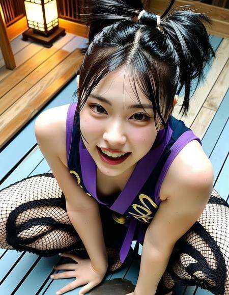 1girl (asian girl face:1.3) (:.1) (chinese girl face:1.1) (slender face:.7) (cute girl:0.5) (Roman nose aquiline nose:1.1) (tsurime slant eyes:1.3) (troubled eyebrows Downward-slanting eyebrows Drooping eyebrows:1.1) (thin eyebrows light eyebrows short eyebrows light makeup natural look:1) (open mouth wide (perfect upper teeth datailed upper teeth:1.1) (worst quality upper teeth:-1.5):1.3) (smile:1.1) (yuzuriha \(jigokuraku\) sleeveless wearing japanese short clothes fishnets edo period:1.3) wooden floor costume outdoors detailed background dynamic action pose (full body:1.1) (dynamic angle) HDR photography depth of field realistic photorealistic (avoiding harsh bright ultra-realistic skin texture:1.3) (moisten skin dampened skin glossy skin glossy skin face oiled skin oiled skin face glistening skin:1.3) (half body view knee up shot) high quality highres 8k <lora:dmd2 4 steps fix:1> (blue Hour Light:0.3) (night dim lighting:1.1) (thin eyebrows:-1.5)