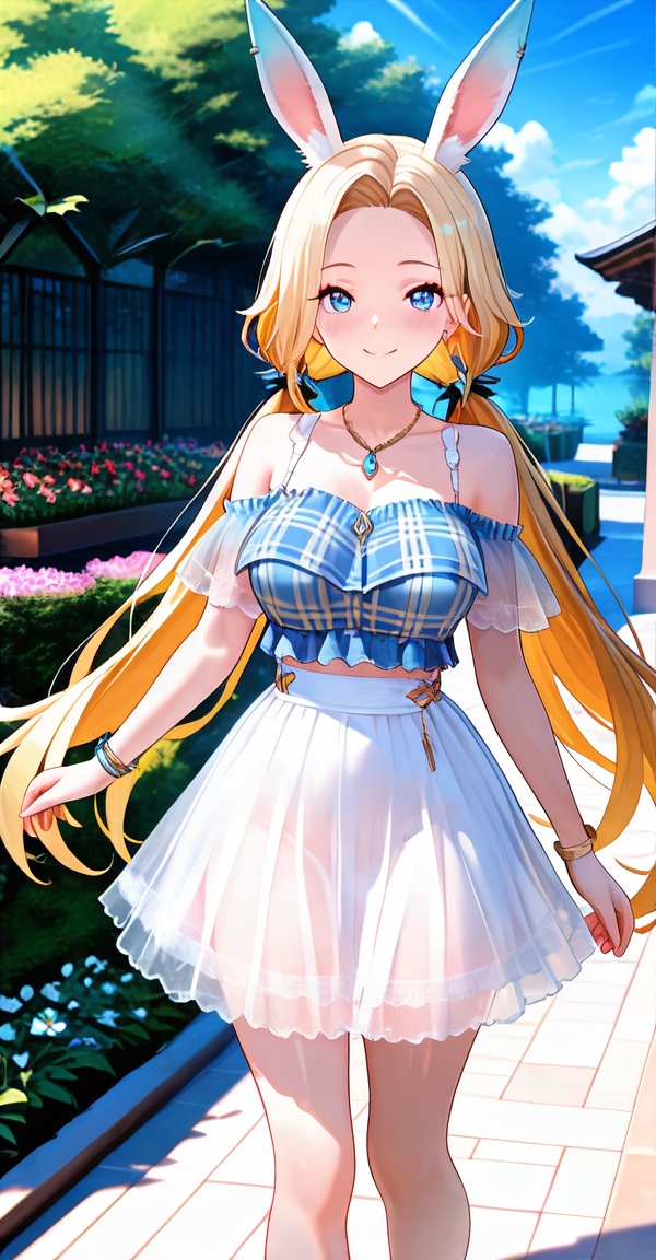plaid shirt,  off-shoudler skirt,  rabbit ears on Tensor.Art