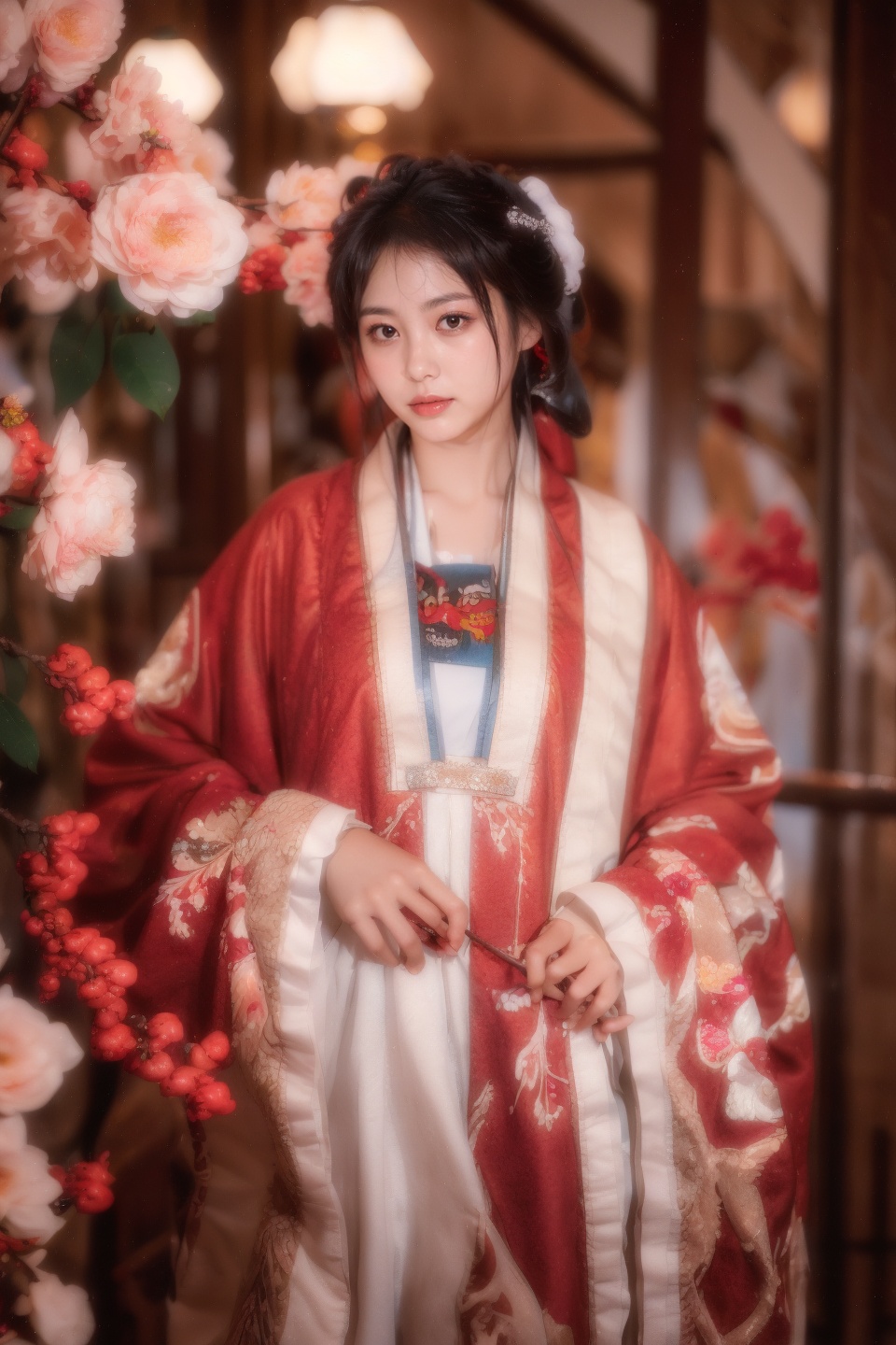 masterpiece,best quality,ultra high res,<lora:aw13xin_lora:1>,chinese clothes,hanfu,<lora:13honghanfu:1>,1girl,looking at viewer,gigantic_breasts,yosshi film,Watercolor painting,lily patterns,white and light pink colors,layered flower shapes,delicate leaves and branches,spacious composition,Eastern and Western fusion,artistic elegance,