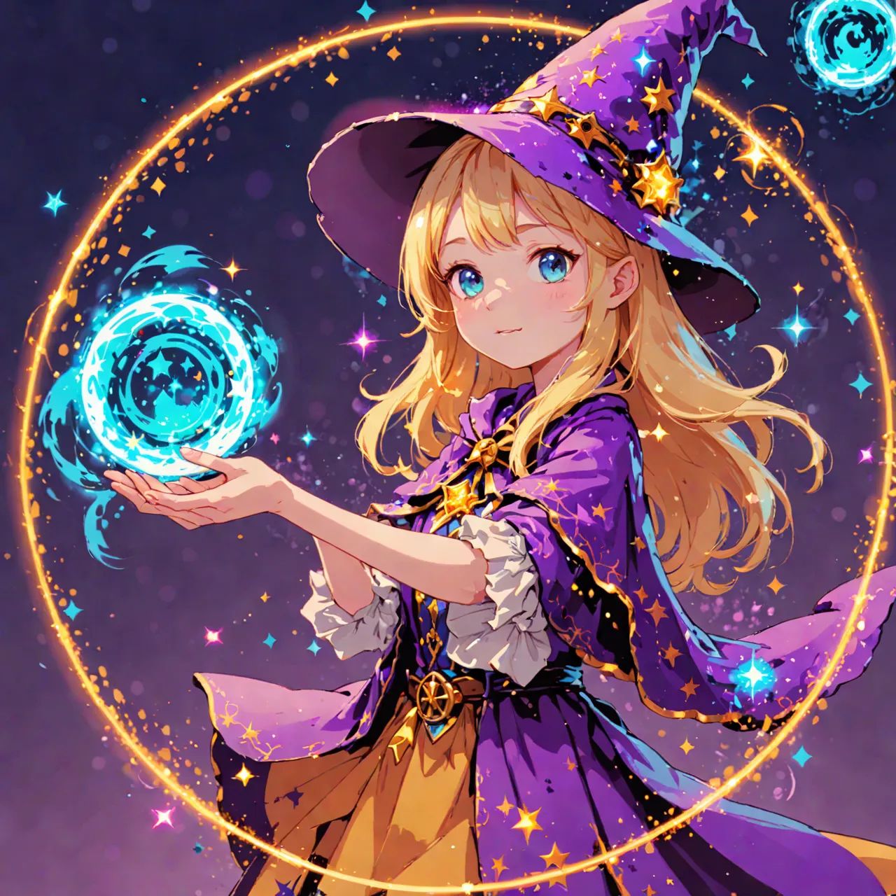 young sorceress blonde girl wearing a wizard hat,  surrounded by a floating magic circle emitting glowing particles. A spa...