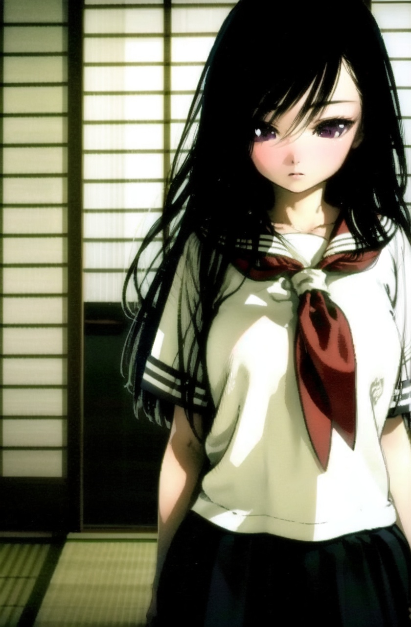 masterpiece,best quality,highres,1girl, dark, solo, school uniform, black hair, serafuku, sliding doors,japanese room, noise,sitting,head out of frame,