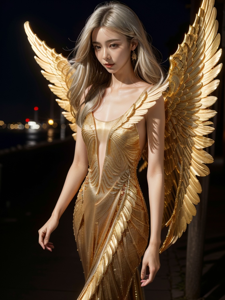 jinyingnvshen,masterpiece,best quality,1girl,exquisite details,set at night by the seaside,white hair,jewelry,<lora:jinyingnvshen-000004:0.7>,exquisite evening dress,small golden wings,((bust)),