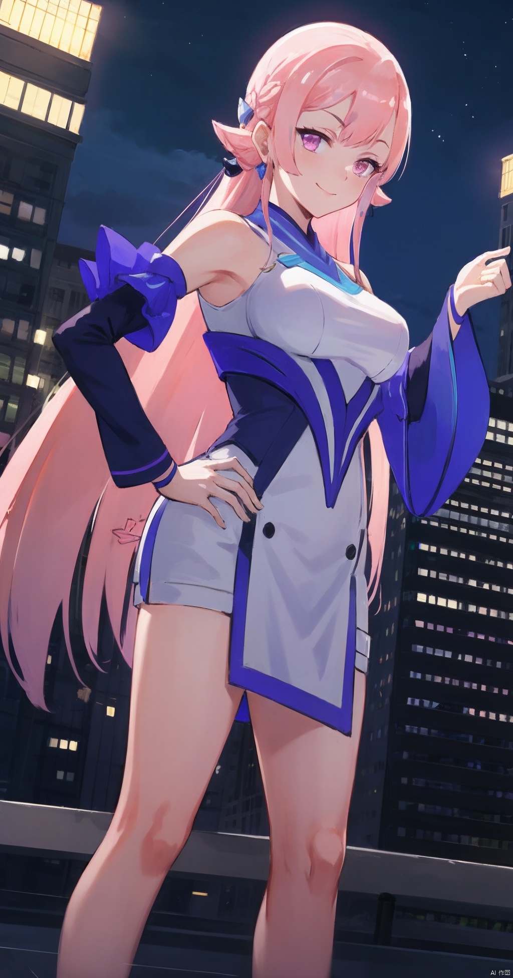 1girl, solo, long hair, breasts, looking at viewer, smile, bangs, hair ornament, dress, bare shoulders, very long hair, closed mouth, standing, pink hair, cowboy shot, detached sleeves, sky, hand up, wide sleeves, pink eyes, hand on hip, night, building, night sky, city, cityscape, city lights<lora:EMS-151900-EMS:0.600000>, <lora:EMS-40270-EMS:0.800000>