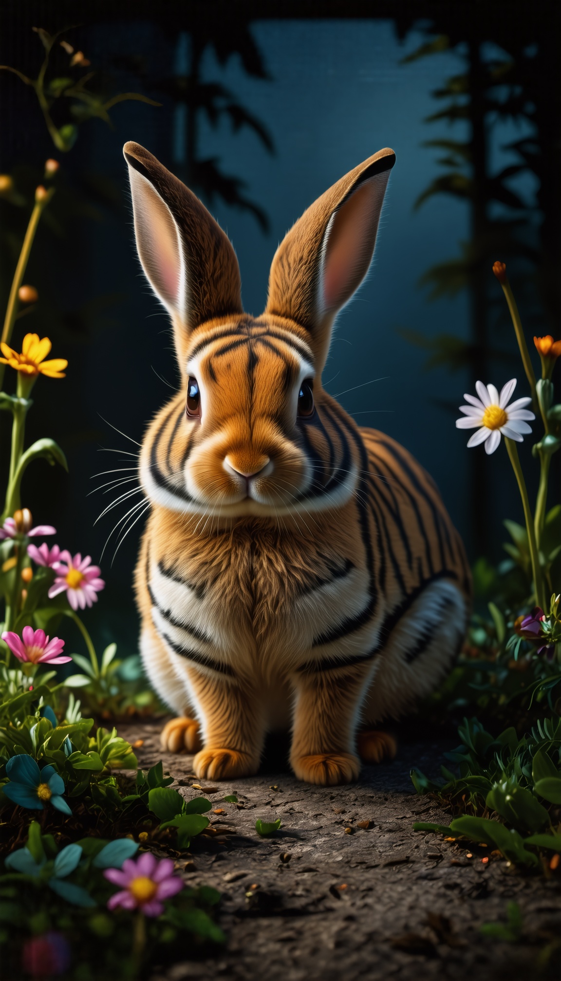 Capture a hyper-realistic photograph of a delicate yet powerful creature,  a rabbit with the striped fur of a tiger. The r...