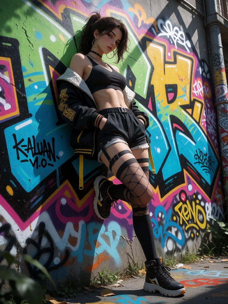 A stylish young woman posing for a photo,  leaning casually against a wall covered in colorful vibrant graffiti. She has a...