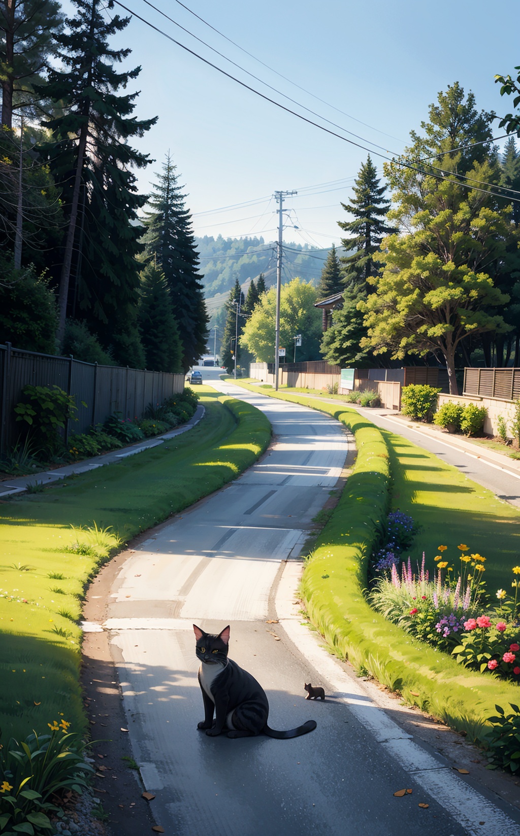 bush,cat,day,dress,fence,flower,forest,grass,hat,nature,outdoors,path,plant,power lines,road,scenery,sky,tree,