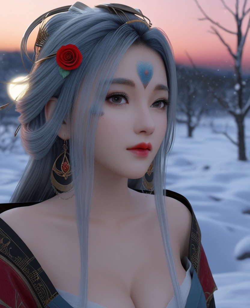 <lora:571-DA-XL-眷思量-奉眠:0.8>(,1girl, ,best quality, ),looking at viewer,masterpiece, (( , )),, realistic,science fiction,mole, ultra realistic 8k cg, ,      ,outdoors, snow, snowing, snow on head, sun,sunset,sunlight,moonlight,full moon, red moon,  crescent moon,  crescent rose,  black rose,       (cleavage), (),