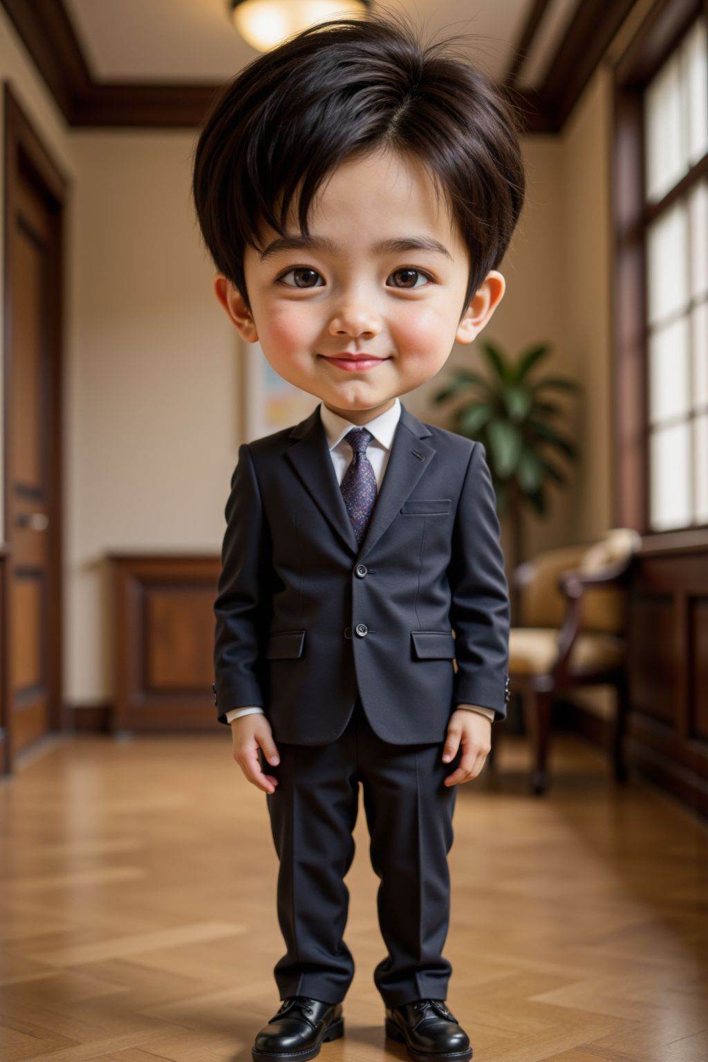 HDR photo of cinematic film still the image is a high-resolution photograph featuring a man,solo,looking at viewer,smile,black short hair,standing,full body,suit,footwear,indoors,realistic,chibi,