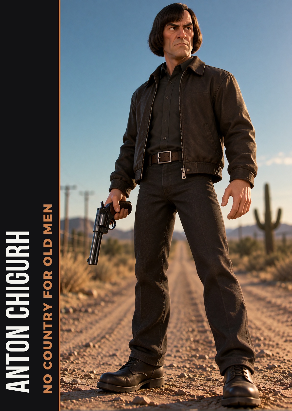 realfig,  Anton Chigurh from No Country for Old Men with a bowl haircut and a captive bolt pistol,  full body on Tensor.Art