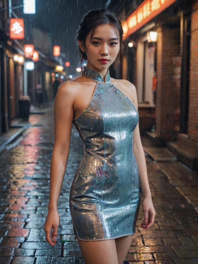 ,Republic of China beauty, Cheongsam, photos, close-up, movie lighting, plump figure, brick pavement, ground rain, reflection, reflection, masterpiece, best quality, standing,cyberpunk