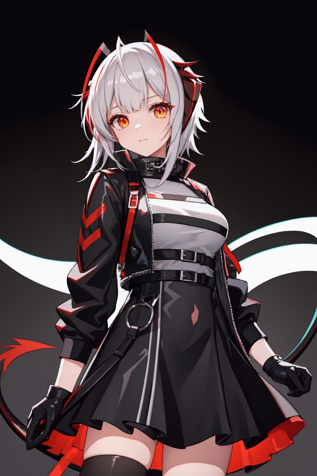 w_(arknights),1girl,solo,demon_tail,large_breasts,simple_background,black_gloves,demon_horns,looking_at_viewer,black_jacket<lora:w_(arknights):1>,simple background,white backgroundmasterpiece,best quality, highly detailed, 