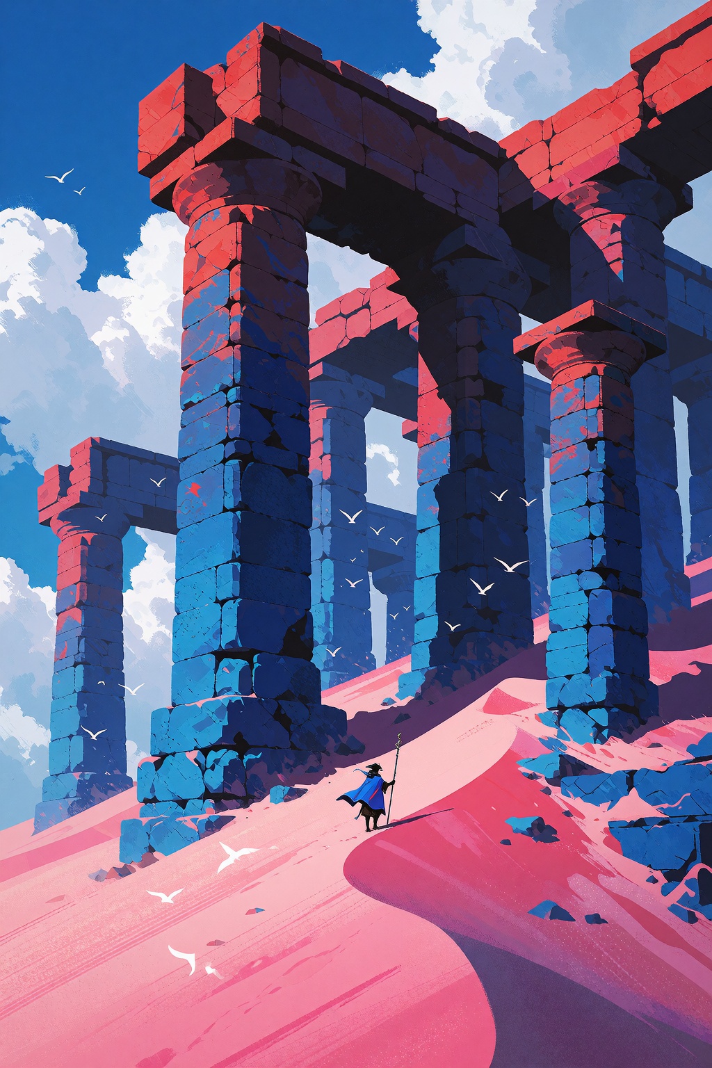 A lone figure wearing a blue cloak and holding a staff stands on a sloping pink sand dune in front of massive ruins made o...