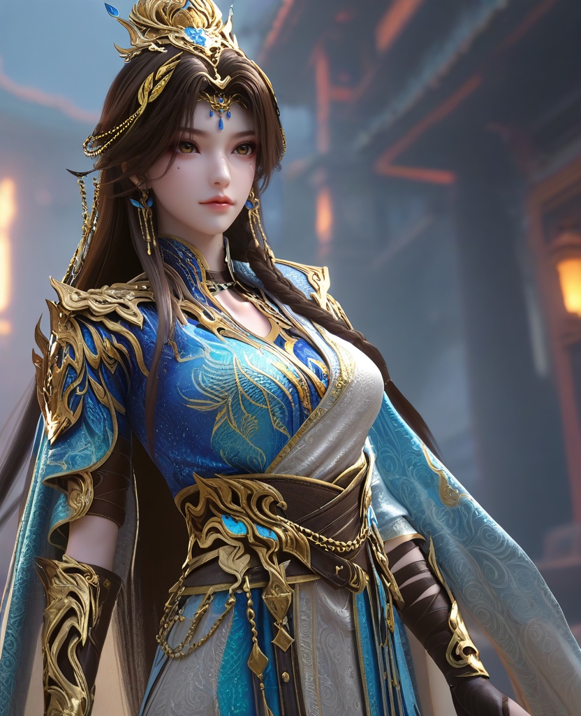 (oriental architecture, elegant decor, sophisticated style:1.1),(Hands clasped behind her back, head tilted to one side with a playful smirk playing on her lips, she channels an air of confident seduction that is impossible to resist:1.1),(Dolly zoom:1.1),(large breasts:1.2),<lora:XL16云深不知梦羲和第20集‌跃灵谷:0.95>,miss xihe,white and blue tiered hanfu,brown eyes,mole under left eye,black hair,very long hair,draped looped buns with front braid,hair ornament,jewelry,vambraces,black fingerless gloves,cape,sash,, score_9,score_8_up,score_7_up,score_6_up,score_5_up,score_4_up,3d rendering,tag1,tag2, Cinematic Lighting,backlighting,