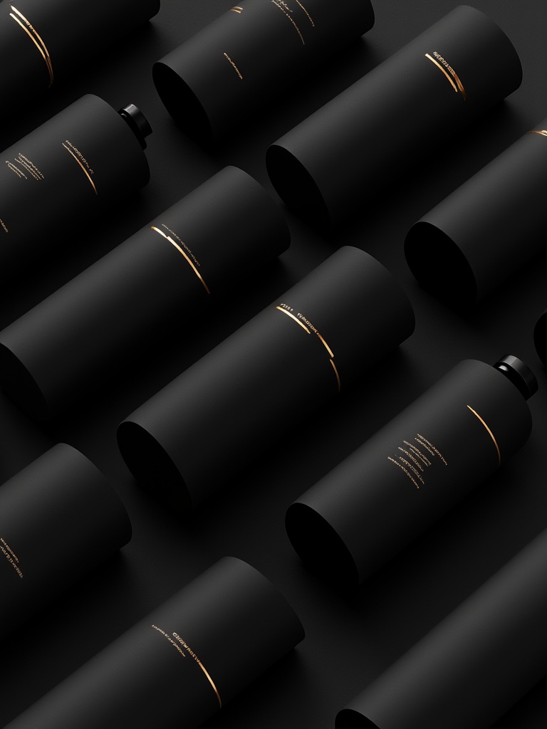 miluo_bzsj, A bunch of sleek, black cylindrical perfume bottles with gold accents are lined up on a dark, textured surface. They're arranged in a neat grid, flaunting their minimalist and classy design. The bottles have a matte finish, and the gold touches give them a posh vibe. <lora:miluo丨包装设计丨现代简约-1.3:1>