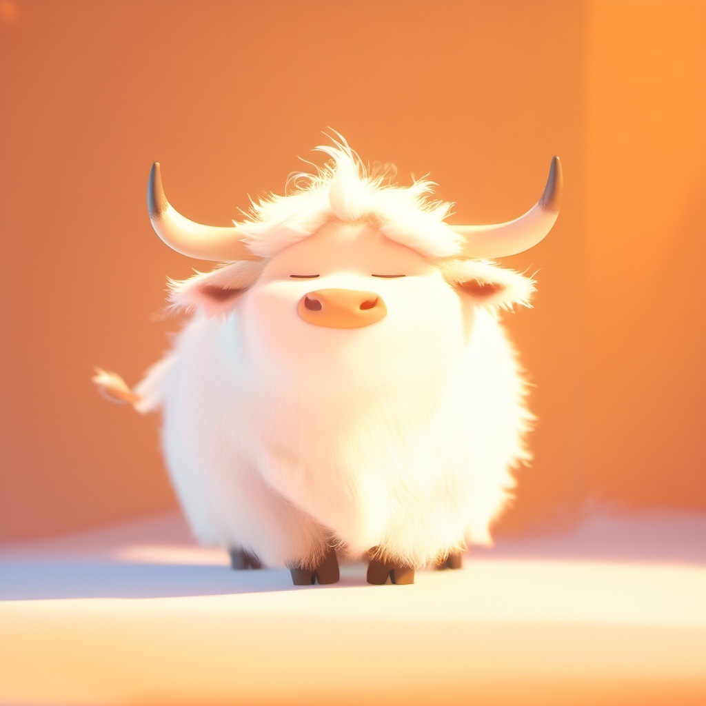 chouniu,cow,soft lighting,^ ^,cc-color-correction,whimsy and dramatic lighting,white fur,warm colors,mf-movie-filter,cute,no humans,solo,closed eyes,fluffy,full body,cow focus,horns,cow tail,standing,orange background,facing viewer,closed mouth,tail,cow horns,simple background,<lora:chouniu_xl_v2:1>,