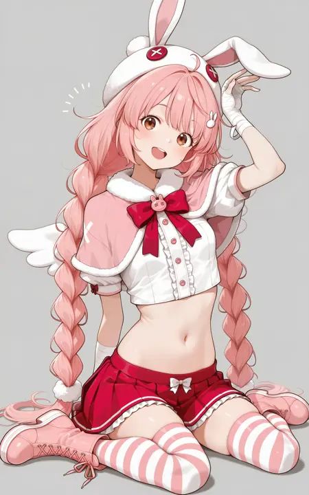 masterpiece,best quality,1girl,solo,absurdres,1girl,bunny hat,animal hat,bandages,solo,twin braids,long hair,skirt,braid,thighhighs,rabbit hair ornament,striped,pink hair,open mouth,hat,bandaged hand,capelet,sitting,fur-trimmed capelet,bow,pink capelet,bangs,pink footwear,smile,wariza,frilled skirt,fur trim,red skirt,button eyes,hair ornament,frills,striped thighhighs,very long hair,simple background,twintails,bandaged arm,navel,brown eyes,:d,red bow,wings,puffy sleeves,looking at viewer,rabbit ears,blush,grey background,puffy short sleeves,full body,animal ears,short sleeves,shirt,fake animal ears,head tilt,arm up,boots upper body,<lora:dmd2 4 steps color fix:1>,