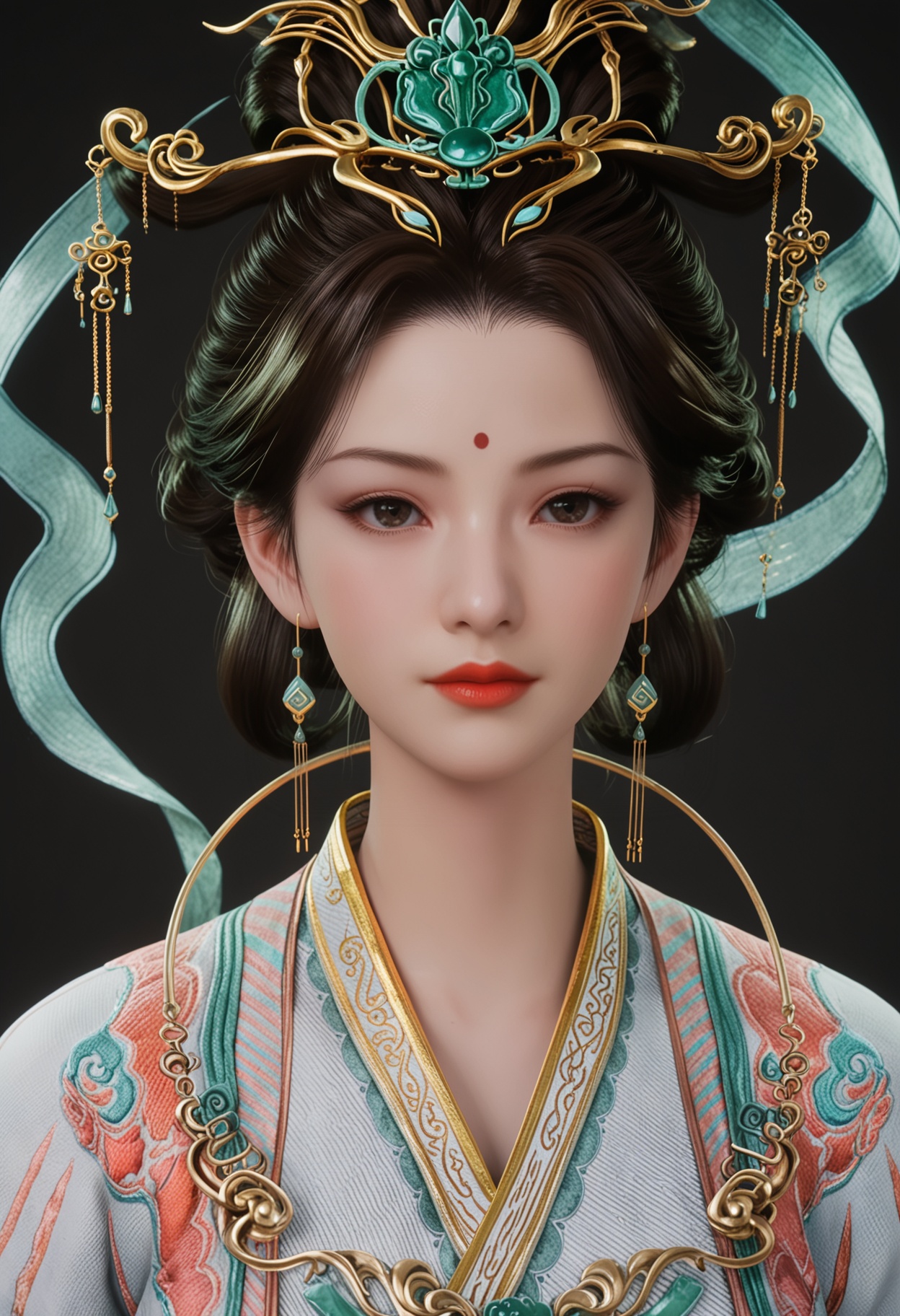 (upper_body:1.2),score_9,score_8_up,masterpiece,(best quality),intricate details,facing viewer,(looking at viewer:1.1),<lora:YQ_pony_xiwangmu_budaibeishi_V5:0.8>,q1528437228,1girl,solo,jewelry,earrings,hair ornament,black hair,chinese clothes,forehead mark,red lips,long sleeves,makeup,dress,hanfu,hair bun,updo,brown hair,black eyes,wide sleeves,brown eyes,hair stick,shawl,necklace,hair rings,forehead jewel,single hair bun,hagoromo,BREAKscore_9,score_8_up,masterpiece,(best quality),perfect anatomy,(hourglass),perfect face,(simple background,pure black background,black background:1.1),fair_skin,shiny_skin,Ivory_skin,