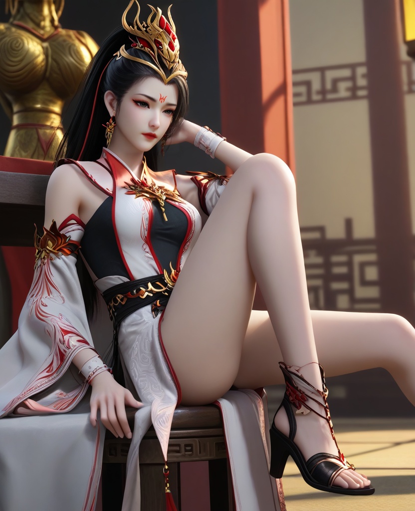 (oriental architecture, elegant decor, sophisticated style:1.1),(Sitting, on a stool with one leg raised,:1.1),sad,frown,(breasts:1.2),<lora:XL16师兄啊师兄玖酒:0.95>,miss jiujiu,white dress,forehead mark,black hair,ponytail,long hair,hair ornament,jewelry,earrings,black slip dress,black high-heeled sandals,red lips,, score_9,score_8_up,score_7_up,score_6_up,score_5_up,score_4_up,3d rendering,tag1,tag2, Cinematic Lighting,backlighting,