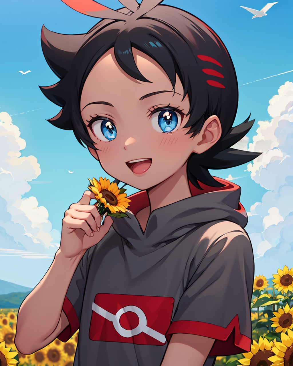 masterpiece,best quality, highly detailed, goh (pokemon),1boy, male focus, holding flower, solo, open mouth, cloud, sky, sunflower, blush, day, eyelashes, short sleeves, grey shirt, outdoors, tongue, looking at viewer, hand up, :d, signature, bright pupils, upper body, yellow flower,<lora:goh_(pokemon):1>