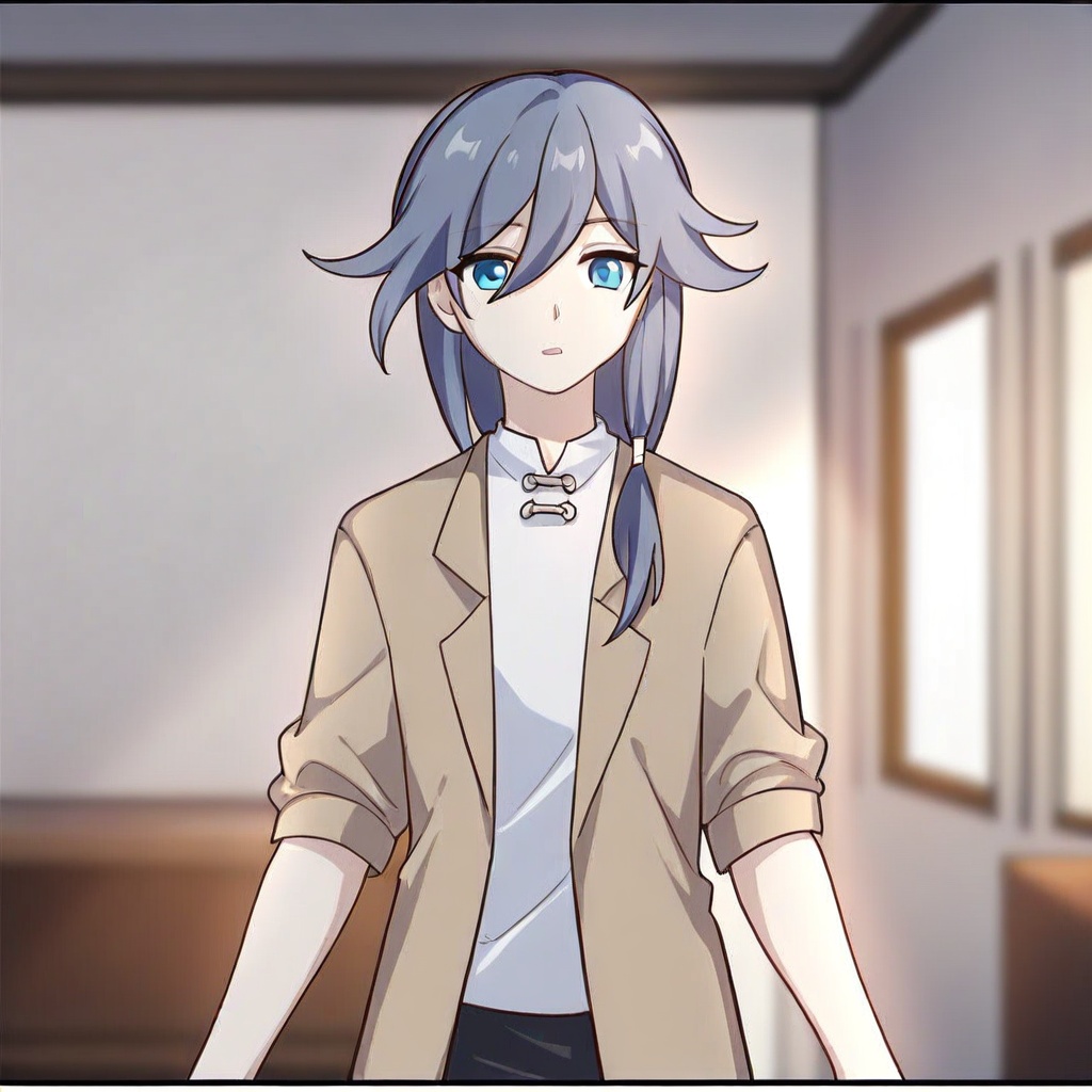 bangs, blue eyes, canzhuomanhua_style, fu hua, hair between eyes, indoors, jacket, long hair, open mouth, shirt, sleeves rolled up, solo, white shirt artist:canzhuomanhua, canzhuomanhua_style<lora:canzhuo漫画-光辉:0.8>