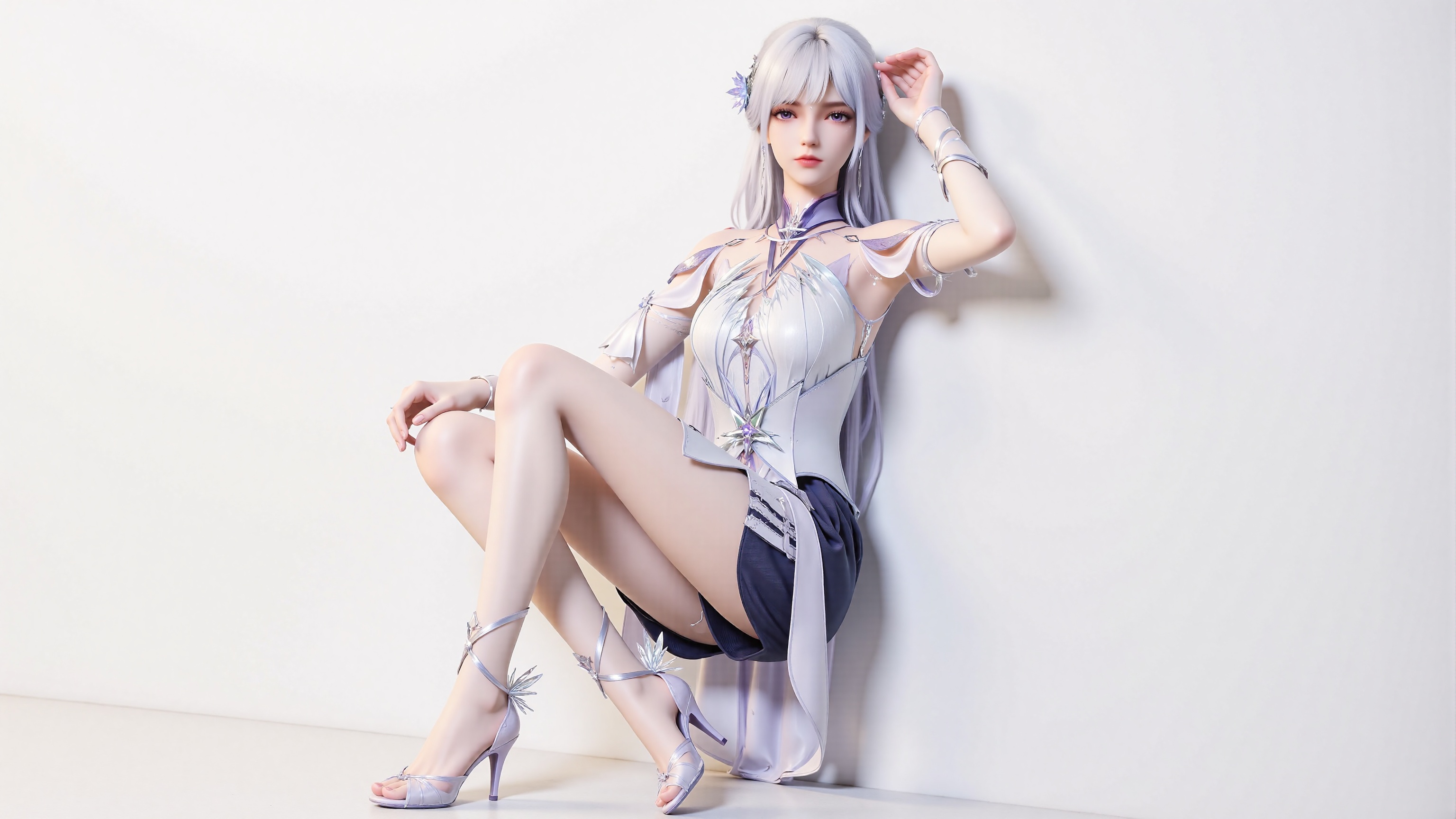 shengcaier,A young woman with long white hair and a high ponytail is wearing a white dress. She paired a pair of dark blue shorts with two white stripes on the side. She was wearing white transparent stockings and purple heel decorations and barefoot. Her long hair was draped over her shoulders,with one hand on her knee and the other on her head. The background is a white wall.,
