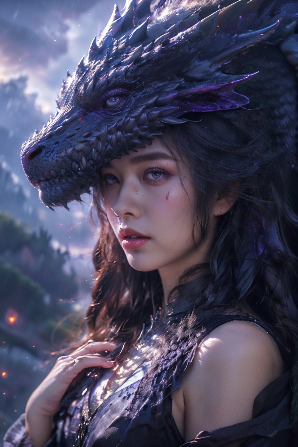 <lora:zishan-000008:0.8>,zishan,solo,purple eyes,horns,teeth,cloud,no humans,cloudy sky,slit pupils,fantasy,dragon,(upper body:1.2),, (high quality), best quality, (4k), 8k, super detailed, (full detail), (masterpiece), (realistic), super detailed,(Exquisite details) ,intricate,