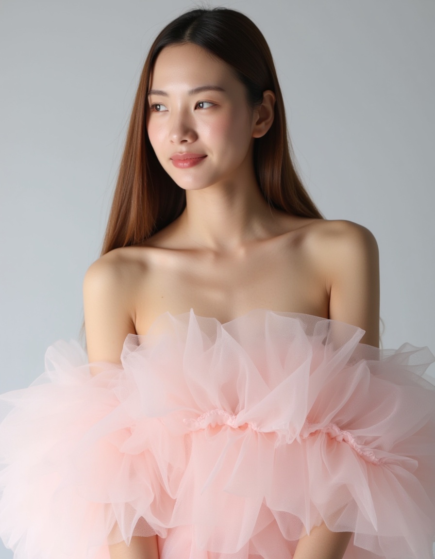 This is a photograph of a young woman with fair skin and long, straight brown hair. She is wearing a voluminous, pale pink tulle shawl that covers her shoulders and part of her torso. The background is a simple, light gray, which makes her soft features and the delicate texture of the shawl stand out. She is looking slightly to her right, with a serene expression. The image captures a sense of elegance and softness, emphasizing the contrast between her delicate appearance and the luxurious texture of the tulle.