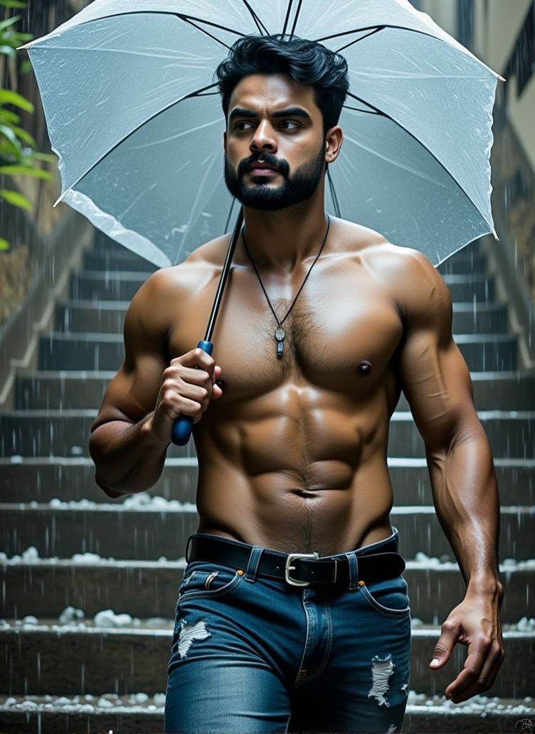 tovino thomas ,  stands on a large stone staircase,  the rainwater cascading on the steps. He holds a transparent umbrella...
