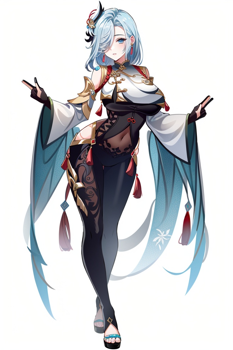 ((HRD, HUD, 8K)),((masterpiece, best quality)), highly detailed, soft light,ShenHe, 1girl, solo, shenhe (genshin impact), long hair, hair ornament, blue eyes, bangs, hair over one eye, very long hair, braid, braided ponytail, breasts, large breasts, bodysuit, breast curtain, clothing cutout, black bodysuit, tassel, shoulder cutout, black gloves, gloves, covered navel, hip vent, toenail polish, toenails, high heels, simple background, white background, full body, long legs, standing, looking at viewer,  <lora:20240630-1719732786968:0.7>
