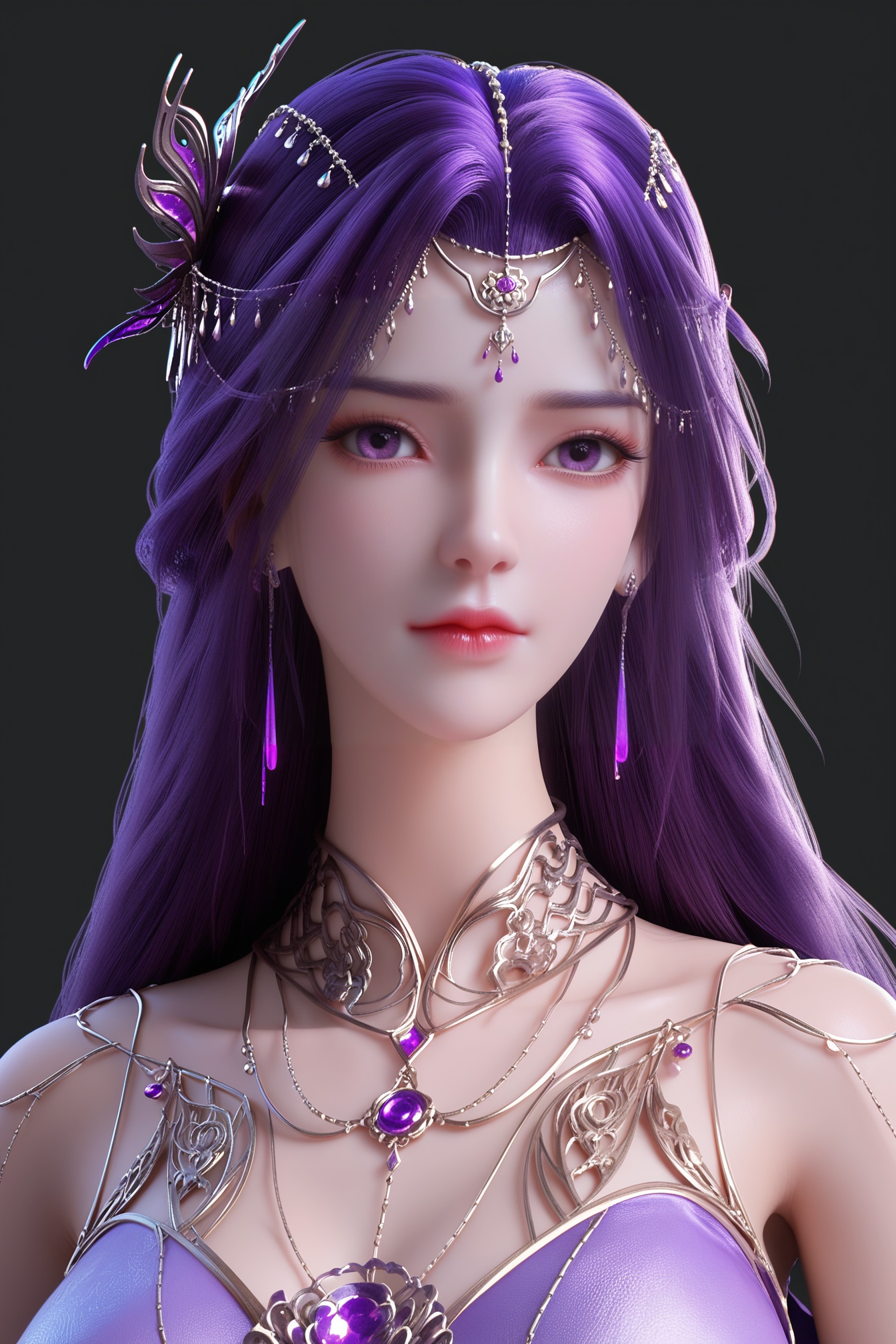 professional 3d model (score_9),score_8_up,score_7_up,8k,realistic,<lora:云曦_天命石_pony_V2:0.8>,1girl,purple hair,long hair,(facial_mark:1.1),big breasts,jewelry,earrings,hair ornament,looking at viewer,chinese clothes,flowing purple hair adorned with a delicate headpiece and earrings.Her attire is intricate,featuring silver and purple jewelry with ornate designs,including a necklace and headpiece.(shiny_skin),<lora:e色温:0.5>,portrait,upper_body,white_background,simple_background,. octane render,highly detailed,volumetric,dramatic lighting,. octane render,highly detailed,volumetric,dramatic lighting, . octane render, highly detailed, volumetric, dramatic lighting
