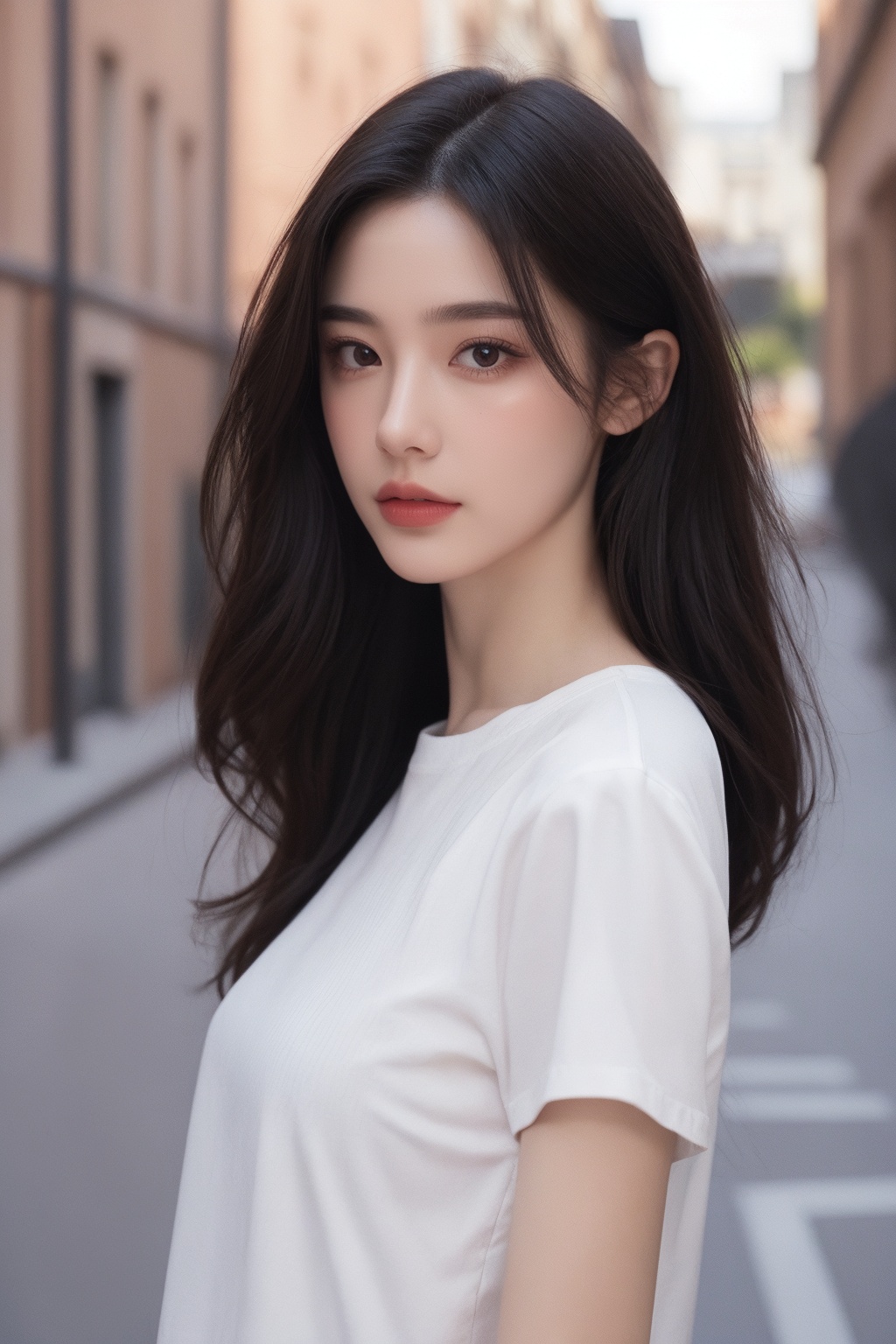 1girl, black hair, brown eyes, building, lips, long hair, looking at viewer, nose, outdoors, realistic, road, shirt, short sleeves, solo, upper body, white shirt  <lora:国际超模脸:0.66>