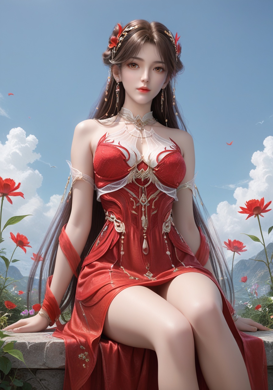 score_9,score_8_up,score_7_up,1girl,long hair,breast,medium breast,earrings,hair_ornament,dress,brown hair,brown eyes,high quality,realistic,thick_thighs,red dress,<lora:wy_huolinger_ts_XLcs:0.8>,gaden,sitting,flower,on_ground,from_below,