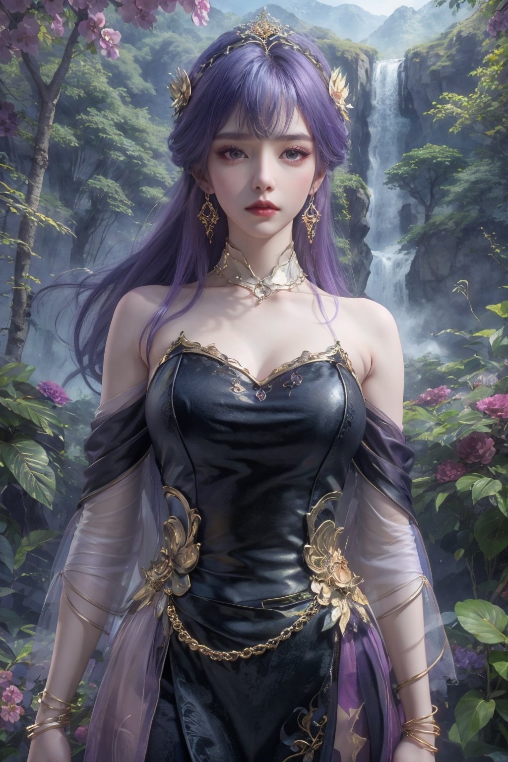 masterpiece,best quality,official art,extremely detailed CG unity 8k wallpaper,realistic,<lora:天穹:0.6>,1girl,dress,solo,jewelry,long hair,hair ornament,earrings,black dress,looking at viewer,flower,light purple hair,light rays,day,waterfall,forest,