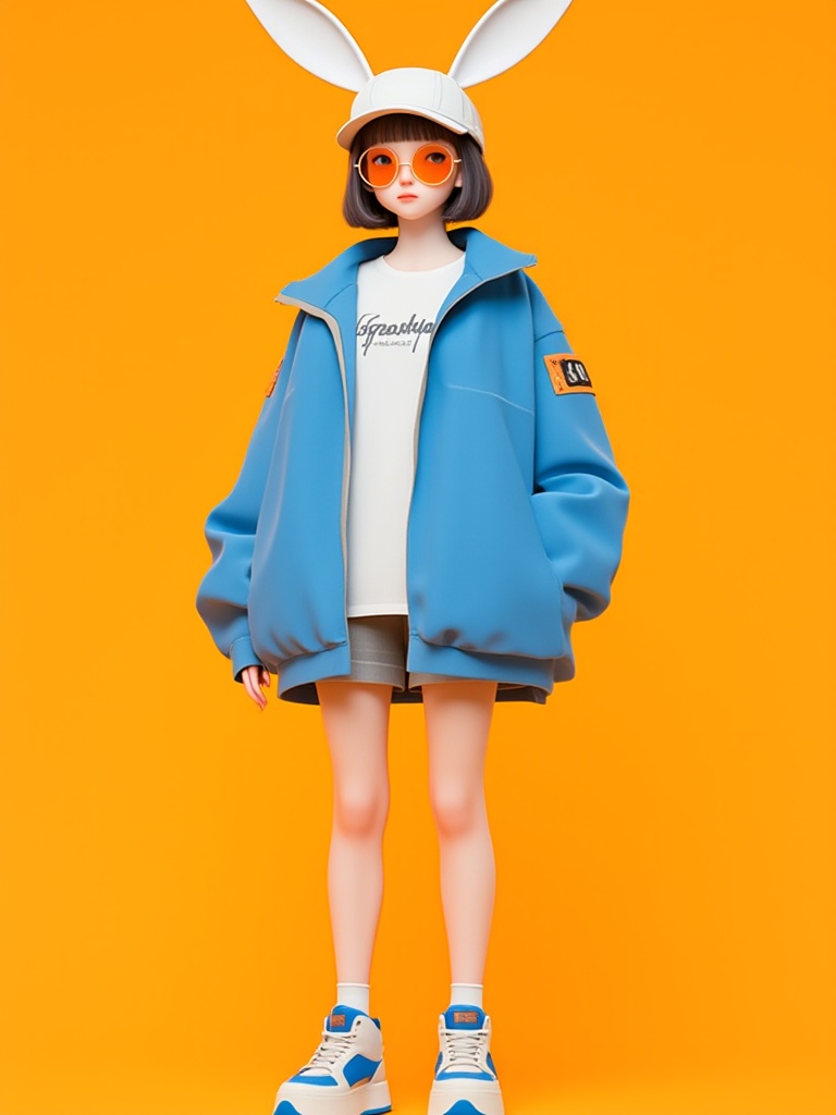 miluo_3d,3D, A young, fair-skinned chick with a bob haircut rocks a white bunny hat, orange specs, and a massive blue jacket over a white tee and grey shorts. She's got white and blue kicks on and stands against a bright-ass orange background.<lora:miluo丨3D 1.3:1>