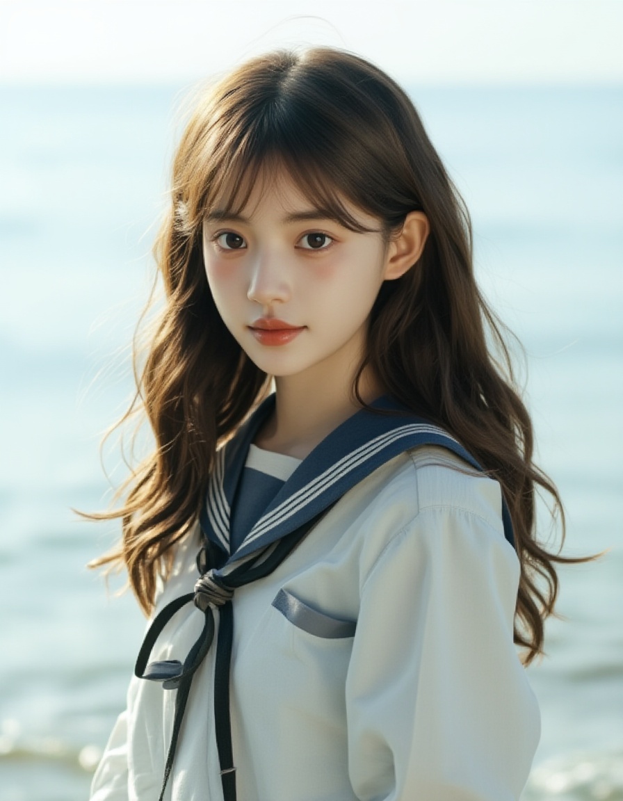 <lora:发丝发光:1>，Retro movie style film photography,Retro movie style film photography,A girl wearing sailor uniform standing beside the sea,this girl has long straight hair with bangs and brown hair,her hair is slightly blown by the wind,the girl's expression is calm,her skin is fair and she is wearing nude lipstick,the whole picture is cold-toned with a sense of storytelling and peace,simple background.
