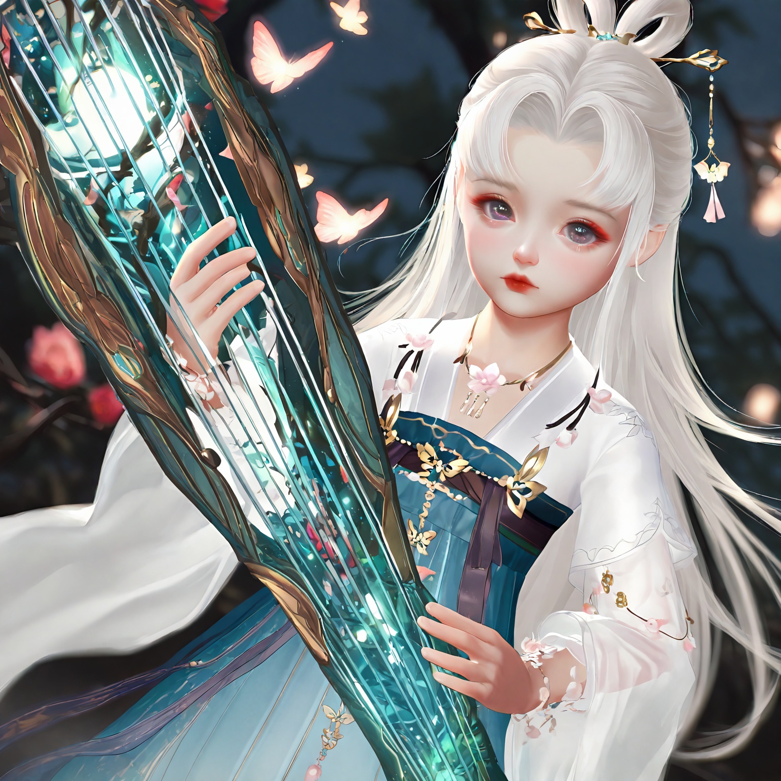 masterpiece,very aware,highres,absurdres,newest,best quality,loli,petite,high quality,chromatic_aberration,cinematic_angle,dutch angle,//,loli,1girl, white_hair, jewelry, solo, blurry_background, flower, instrument, blurry, chinese_clothes, hair_ornament, long_hair, necklace, hanfu, hair_rings, bird, looking_at_viewer, branch, bug, red_lips, dress, glowing_butterfly, butterfly, long_sleeves, upper_body, bracelet, see-through_sleeves, holding, expressionless, closed_mouth, see-through, depth_of_field, birdcage, hair_bun, tassel, cage, holding_instrument, blue_dress//,official art,depth of field,detailed light,blurry background,best shadow,shiny skin,cinematic lighting,ray tracing,amazing quality,very aesthetic,absurdres,beast quality,ultra detailed,newest,8K,HDR,//,<lora:touxiang22——【noob】hans:1>,