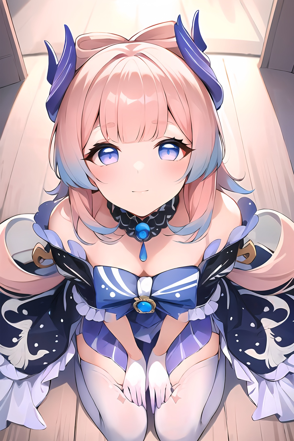 (masterpiece, best quality:1.2),insanely detailed,absurdres,ultra-highres,ultra-detailed,best quality,slender,kawaii,perfect symmetrical face,ultra cute girl,ultra cute face,ultra detailed eyes,ultra cute,ultra beautifu,(from above:1.1),kneeling,floor,indoors,sangonomiya kokomi,hair ornament,white pantyhose,white half gloves,frilled sleeves,bow-shaped hair,bow,detached collar,sandals,white panties,1girl,solo,wide sleeves,long hair,<lora:Sangonomiya Kokomi-000001:1>,