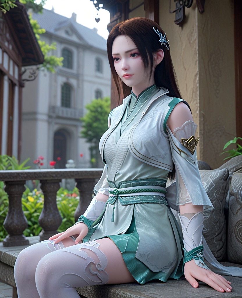 (oriental architecture, elegant decor, sophisticated style:1.1),(Sitting on a bench, hands clasped in the lap, lost in deep thought and contemplation,:1.1),looking at viewer,(breasts:1.2),<lora:XL斗破苍穹斗皇纳兰嫣然:0.95>,miss yanran,aloes green dress,vest,sash,aloes green overskirt,green miniskirt,brown eyes,black hair,long hair,hair ornament,wristband,white thighhighs,, score_9,score_8_up,score_7_up,score_6_up,score_5_up,score_4_up,3d rendering,tag1,tag2, Cinematic Lighting,backlighting,, zPDXL3, zPDXL2,zPDXL, zPDXLxxx, zPDXLrl,