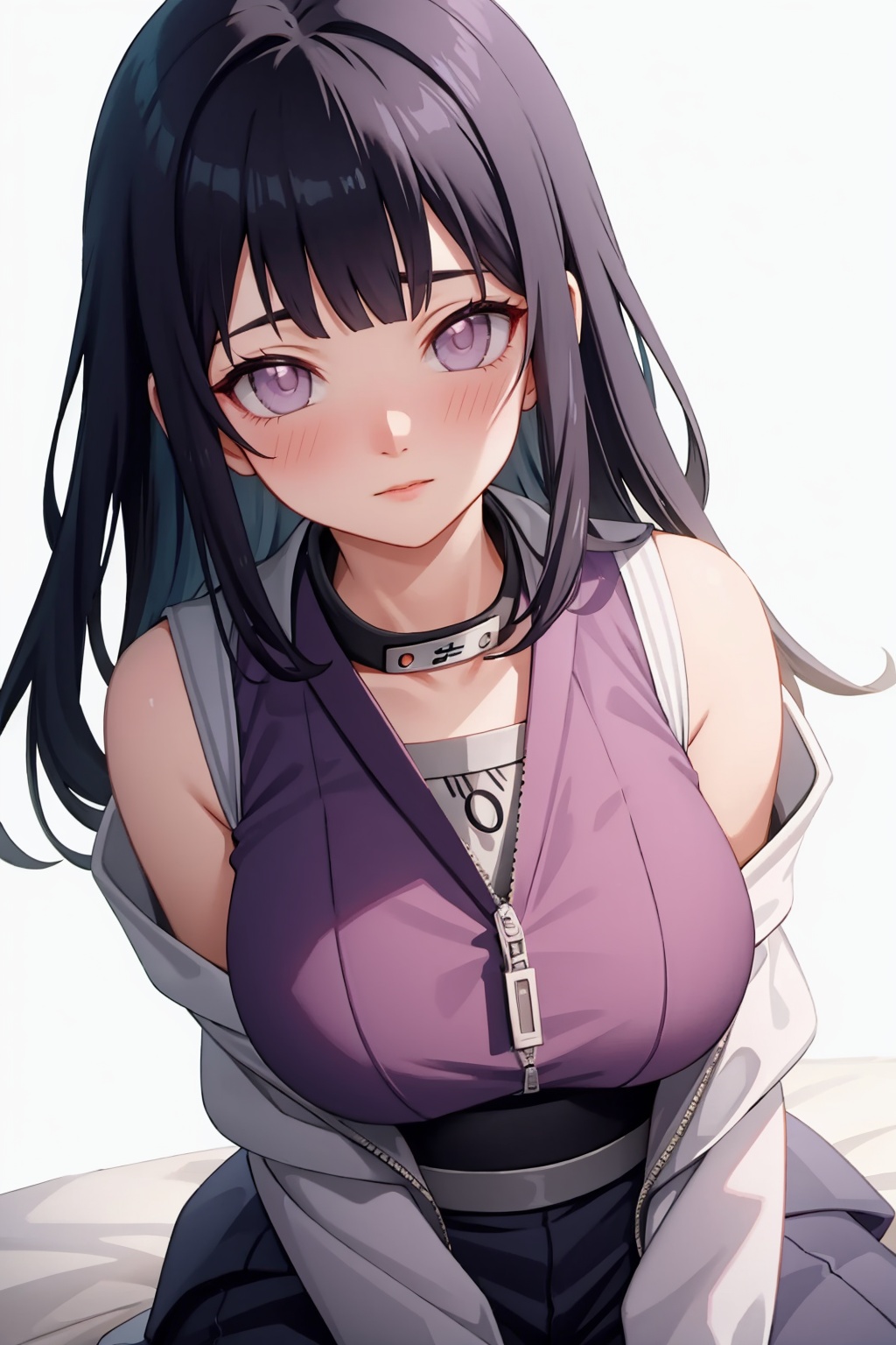 masterpiece,best quality, highly detailed, hyuuga hinata,1girl,solo,large breasts,looking at viewer,blush<lora:hyuuga_hinata:1>,simple background,white background