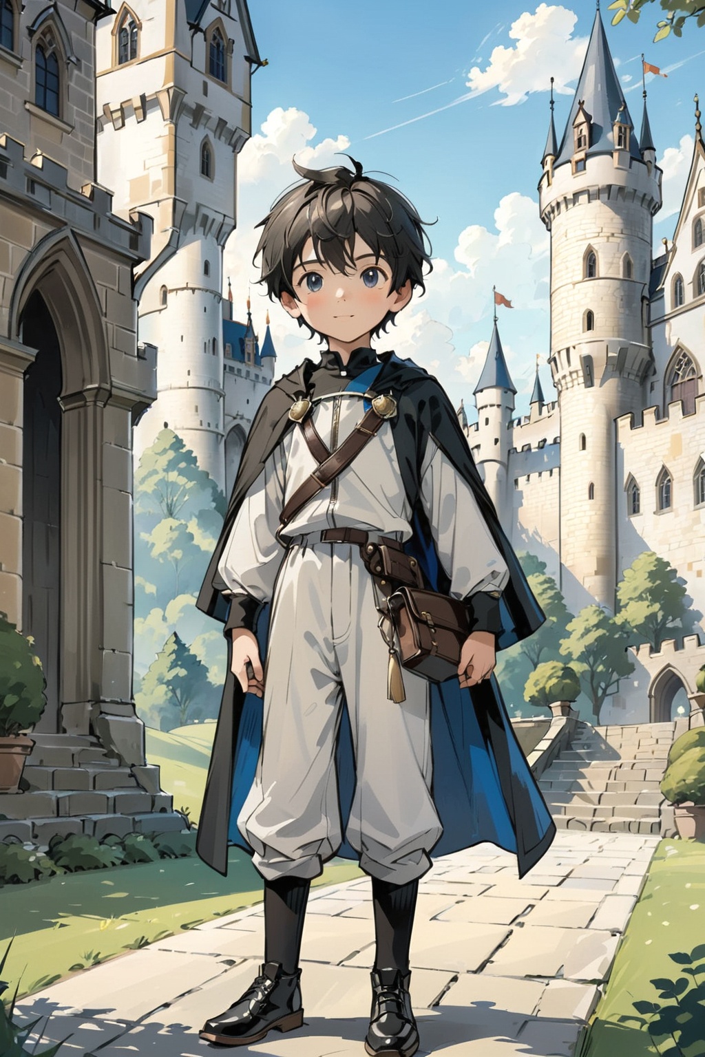 1boy,(full body:1.2),in front of a castle,detailed,