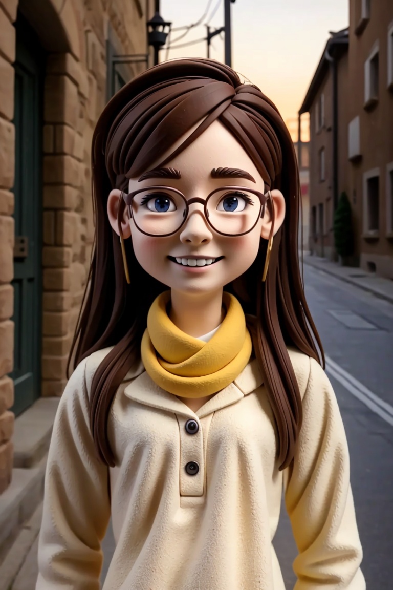 ((HRD, HUD, 8K)),((masterpiece, best quality)), highly detailed, soft light, clay,1girl, male focus, glasses, solo, v, scarf, smile, brown hair, watch, wristwatch, looking at viewer,