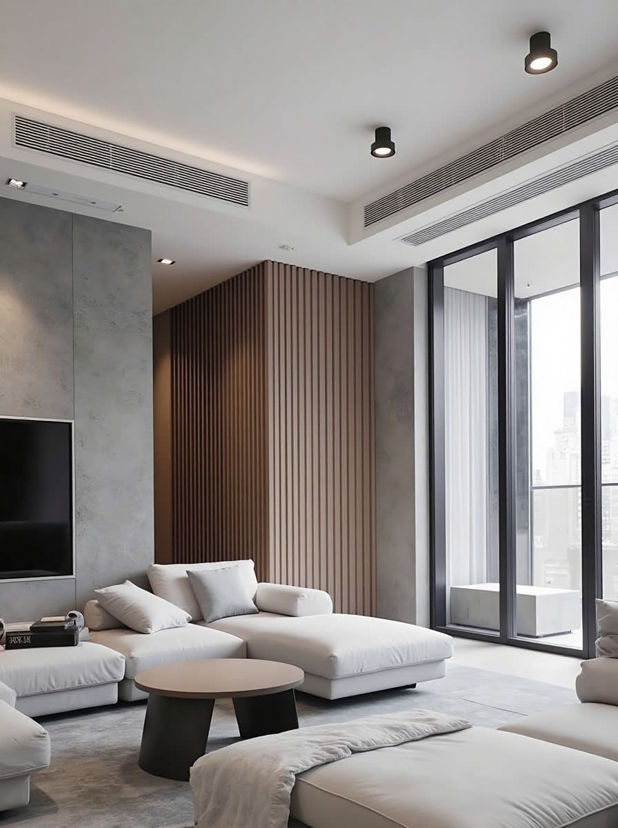 nuantool,Modern minimal living room with ceiling linear AC (narrow metal grille with track lights), micro-cement walls (Morandi gray), matte sintered stone floor (antibacterial). Core: floating modular sofa (memory foam), sintered stone tea table (wireless charging), hidden door to study (press-lock). Smart: AC AI learning (auto-temp by schedule), hidden lighting, precise venetian blinds. Materials: micro-cement × sintered stone × matte metal.