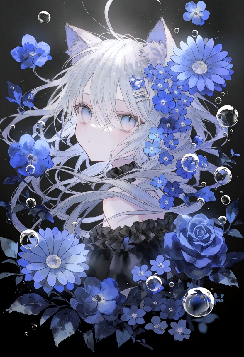 cat girl,  cat ears with animal ear fluff,  A single female character with long flowing silver-white hair faces toward the...