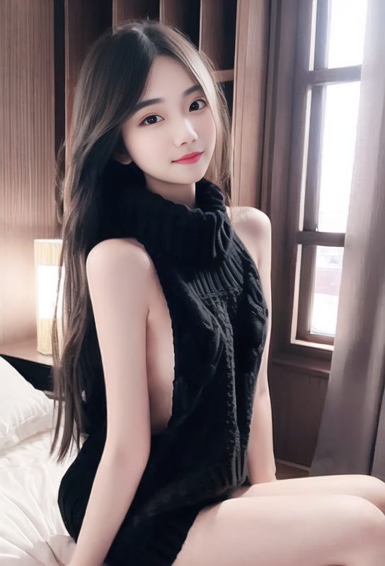 1girl, sweater,backless,black,sitting on bed,indoors, upper body, looking at viewer,   <lora:taiwanDollLikeness_v15:0.7> <lora:sweater:0.8>