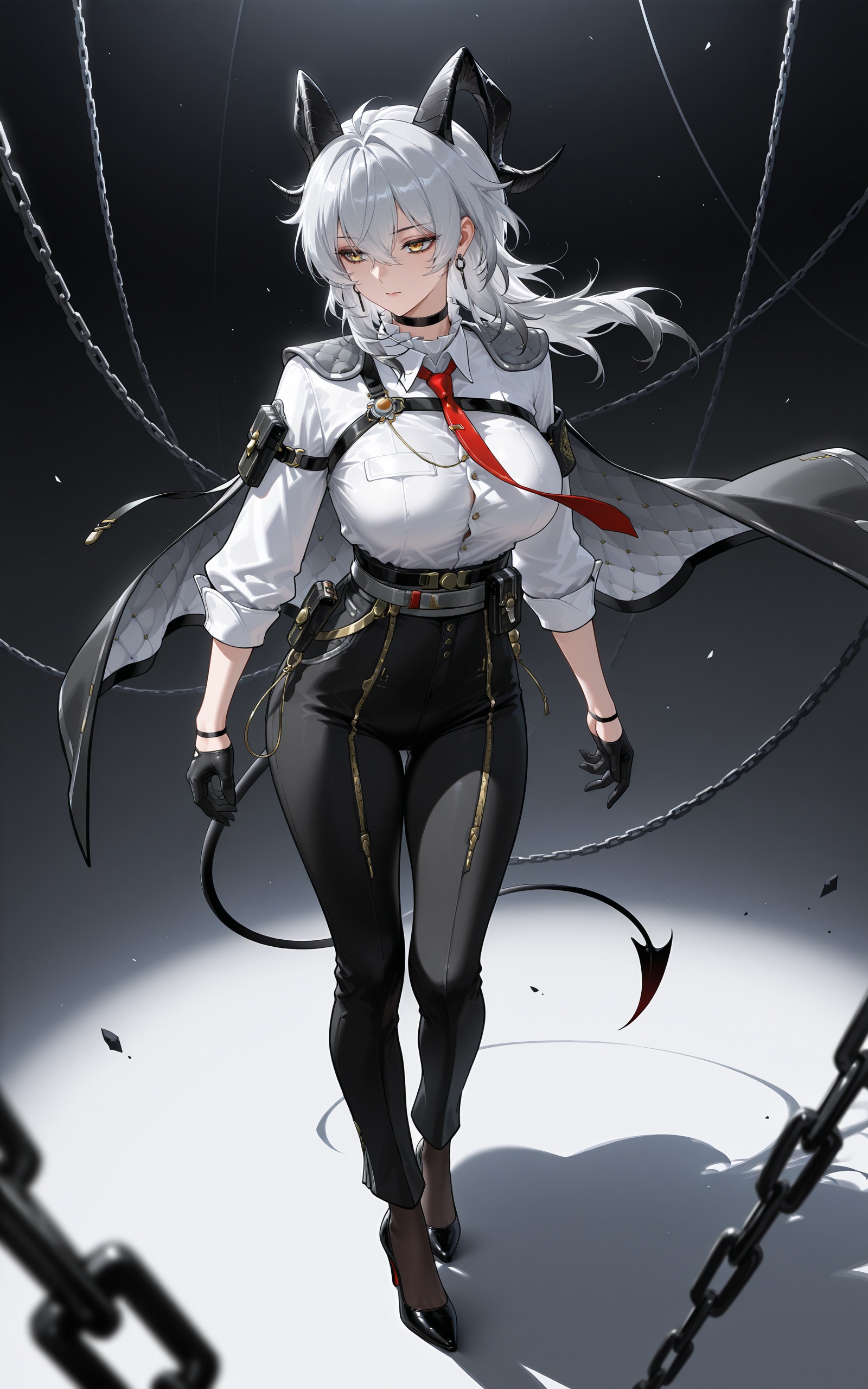 <lora:xl-ill-zani(wuthering waves)-v1-000010:0.8>,zani\(wuthering waves\),1girl,solo,horns,black horns,yellow eyes,long hair,grey hair,hair between eyes,earrings,jewelry,choker,necktie,pants,breasts,white shirt,collared shirt,shirt,long sleeves,breast pocket,red necktie,shirt tucked in,half gloves,black gloves,gloves,black pants,pocket,belt,chain,cape,high-waist pants,tail,high heels,